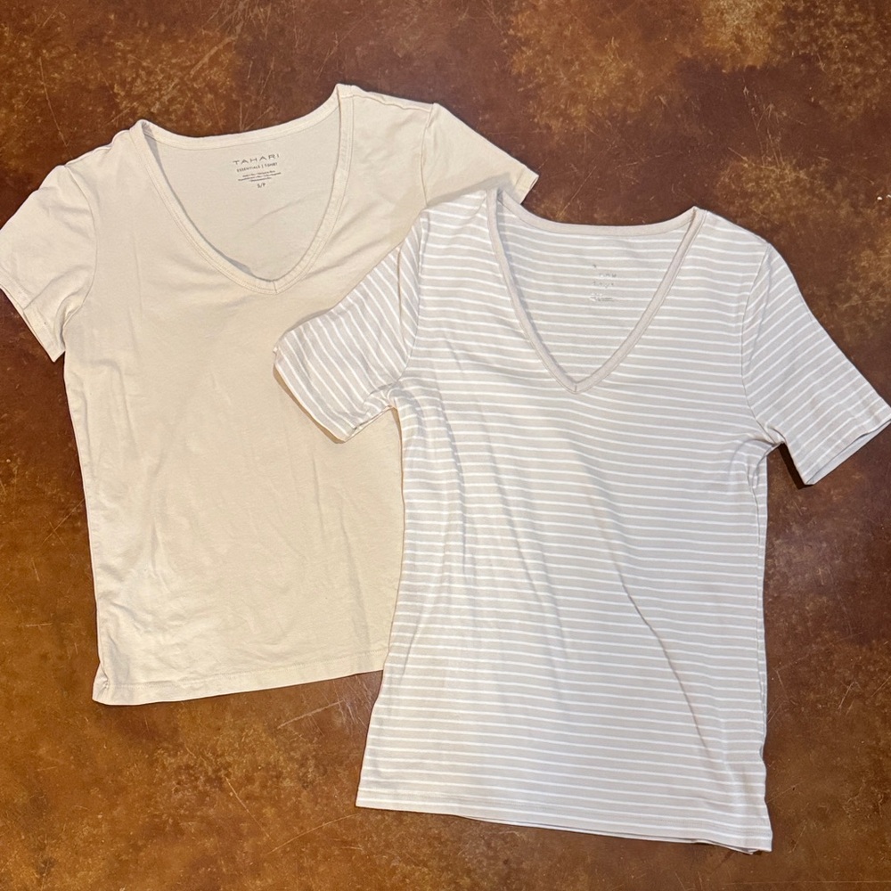 Tahari and a new day Short-Sleeve V-Neck Tee Set in Cream and White Stripe